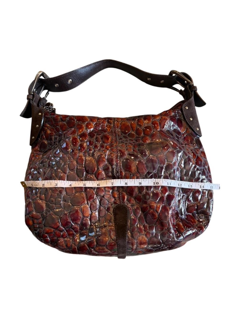 Donald J Pliner Brown Croc Embossed Leather Suede Shoulder Bag - Picture 8 of 12